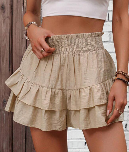 Khaki tiered ruffle boho shorts with elastic waistband and layered flounces