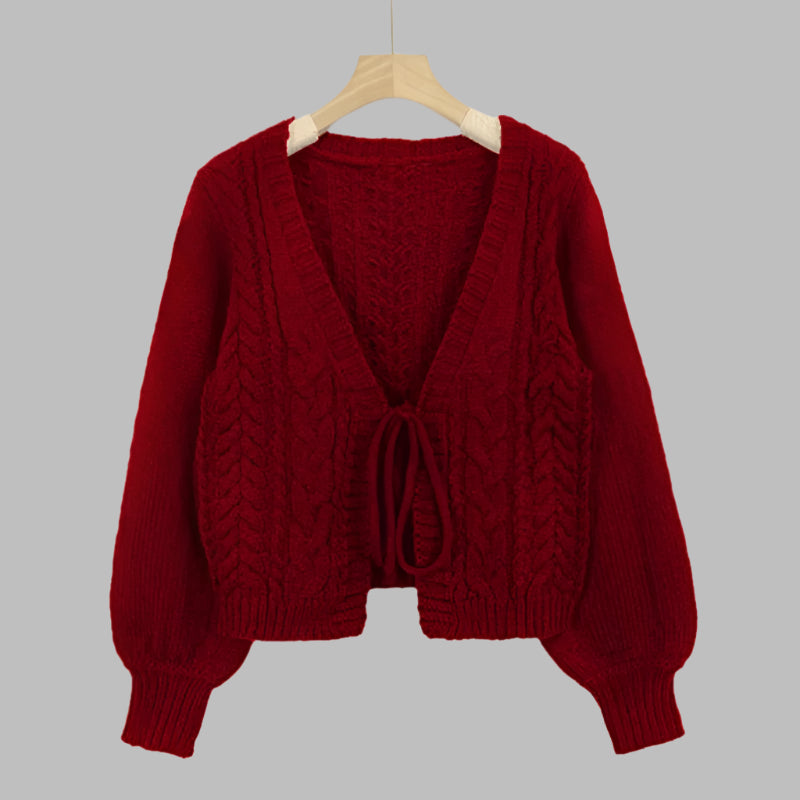 Claret cable-knit tie-front chunky cardigan with V-neck and long sleeves