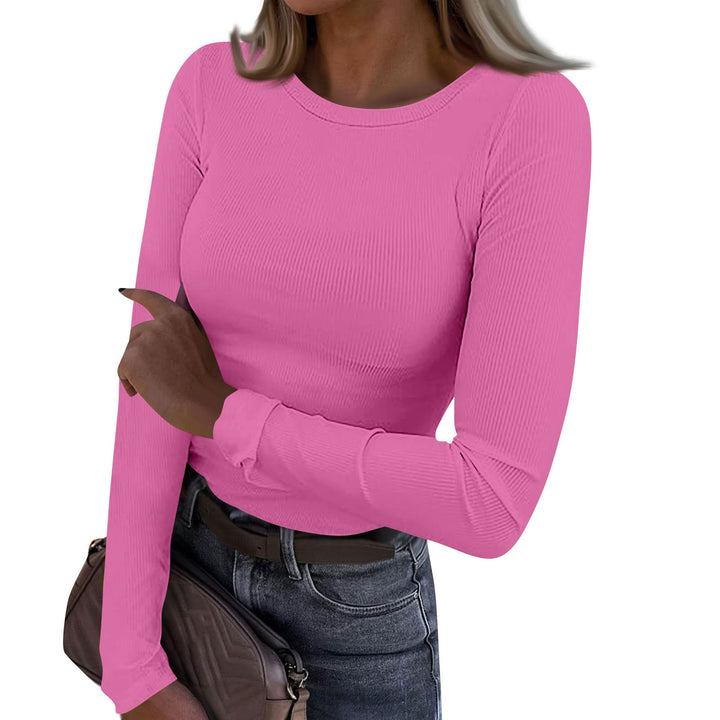 Casual crewneck ribbed long-sleeve top in rose red, fitted fit, stretchy knit texture.