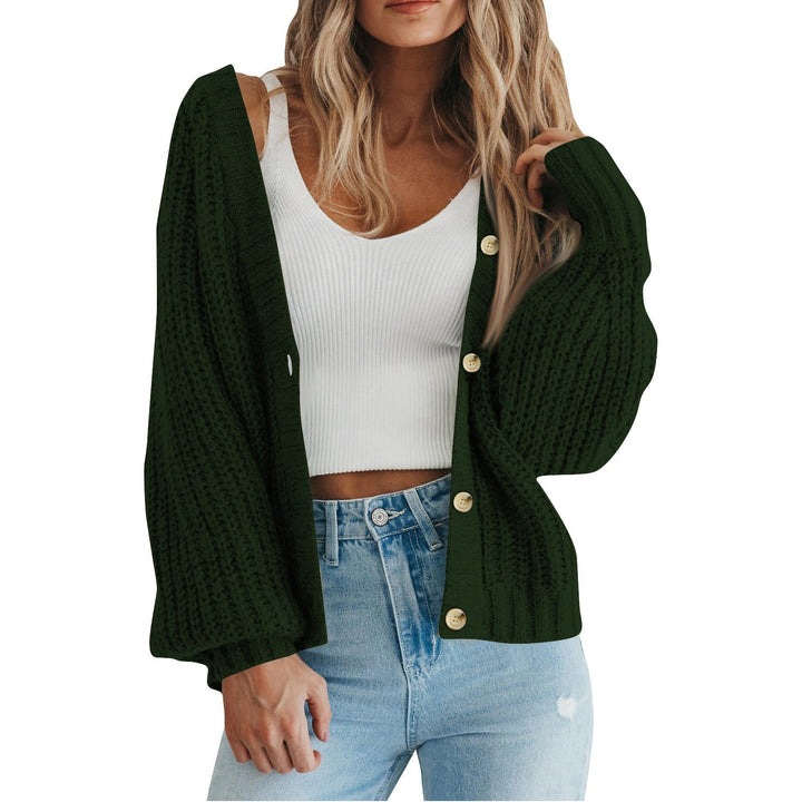 JASMINA™ knit cardigan, dark green open front with wood-tone buttons