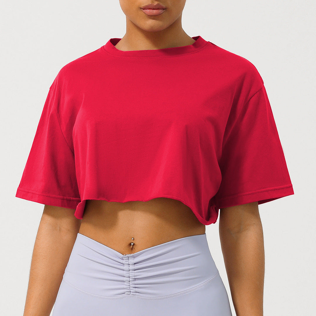 Red relaxed-fit crop tee with crew neck and short sleeves