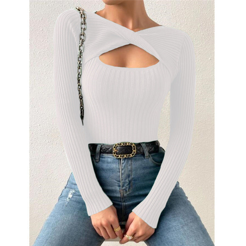 White ribbed knit crewneck long-sleeve pullover sweater with chest cutout