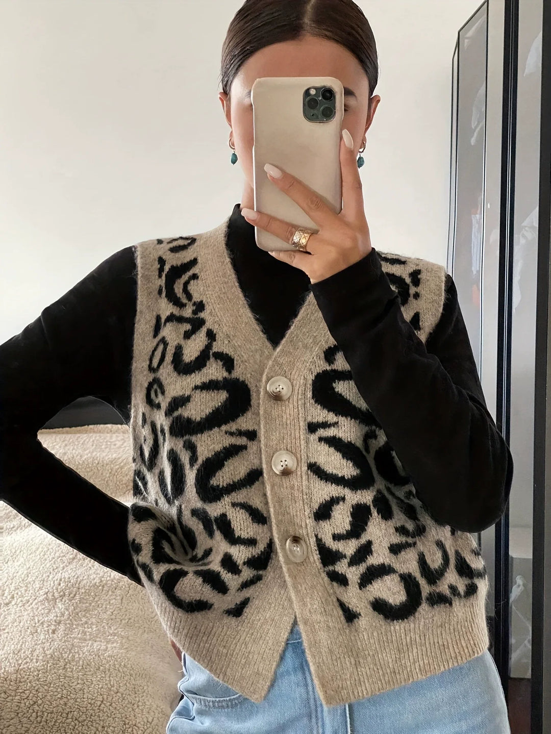 JADE™ leopard print sweater vest, tan with black spots and button front