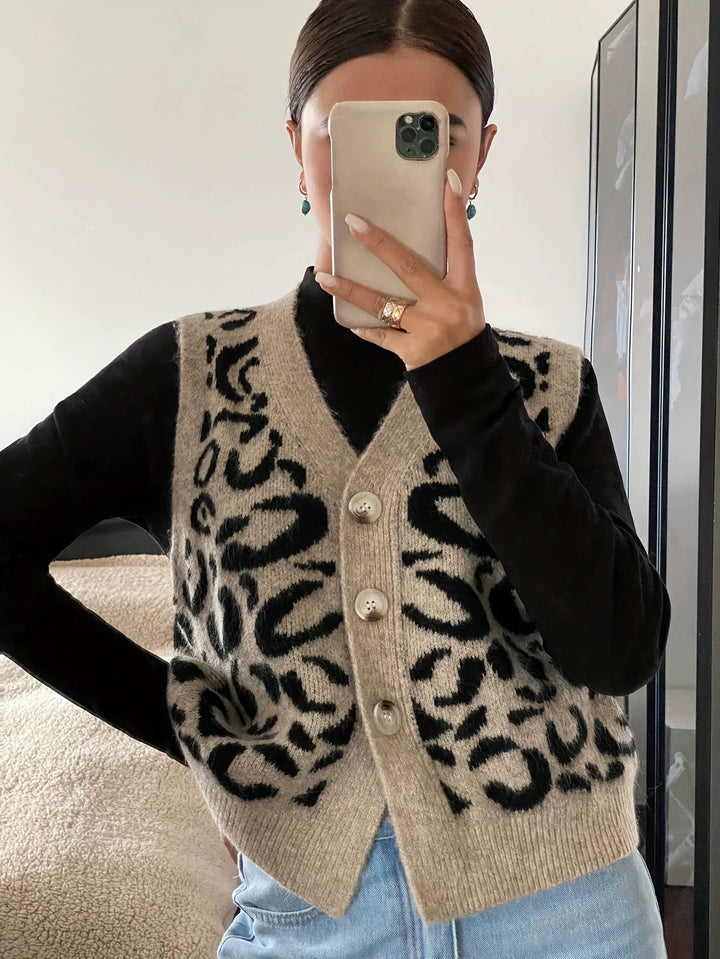 JADE™ leopard print sweater vest, tan with black spots and button front