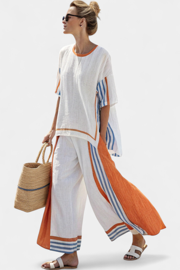 Two-piece set with striped white top and wide-leg trousers, orange and blue trim