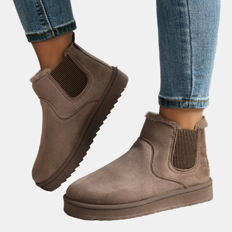 Khaki cozy ankle boots with faux fur cuff, elastic side gusset, textured sole