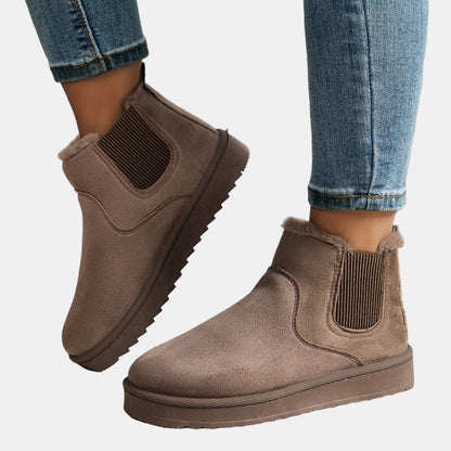 Khaki cozy ankle boots with faux fur cuff, elastic side gusset, textured sole