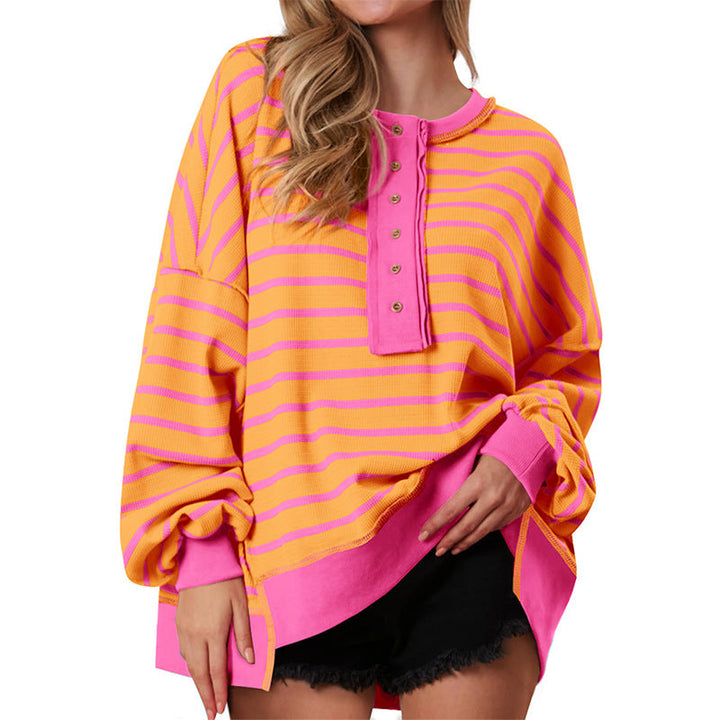 Oversized striped long-sleeve sweatshirt in orange and pink with button-front placket