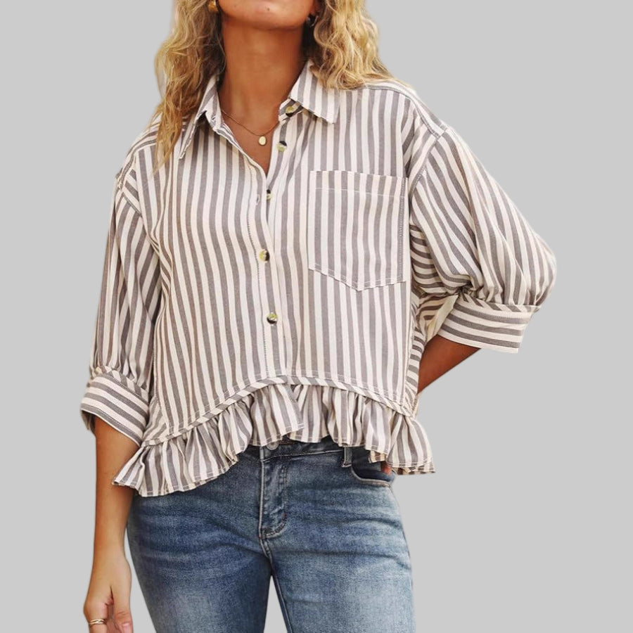 Ruffled button-down blouse, gray & white stripes, front pocket, 3/4 sleeves