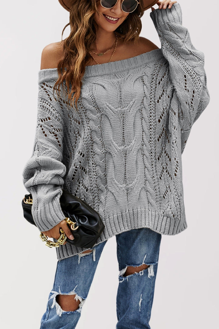 Off-shoulder cable knit sweater, gray, long sleeves with ribbed cuffs