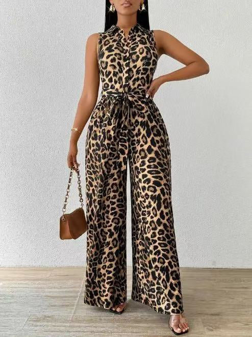 Leopard print sleeveless deep V-neck jumpsuit, cinched waist, wide-leg pants