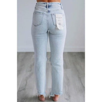 Light blue washed slim-fit jeans with frayed hems and back pocket detailing