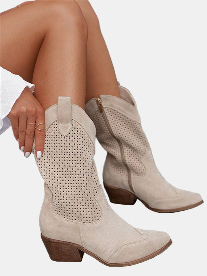 Beige perforated ankle boots with side zip, stacked block heel, and pull tab