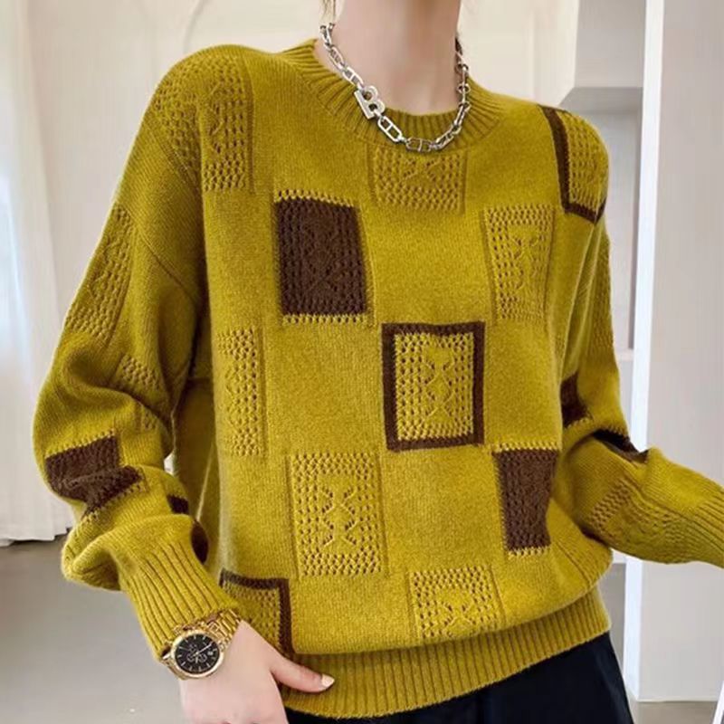 Elegant knit sweater, mustard yellow with square patch knit, ribbed cuffs and hem, crewneck