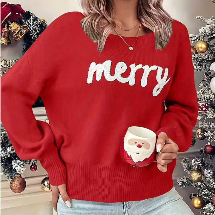 VIOLET™ cozy round-neck sweater, red with 'Merry' knit graphic, long sleeves