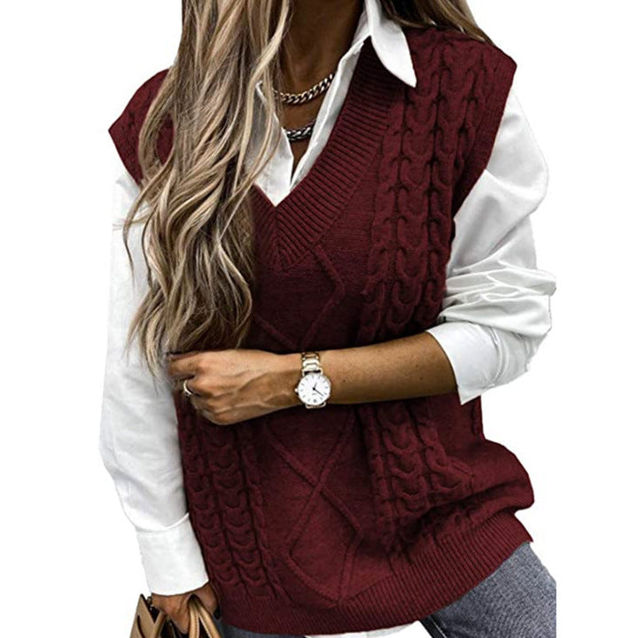 Burgundy textured V-neck knit vest with cable pattern and ribbed hem trim