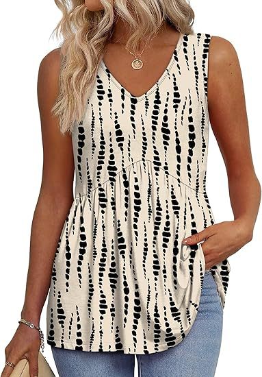 Sleeveless flowy tank top with V-neck, white fabric with black dot pattern