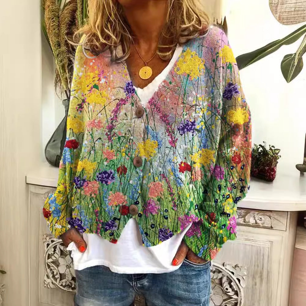 Boho cardigan with colorful wildflower print, button front, long sleeves