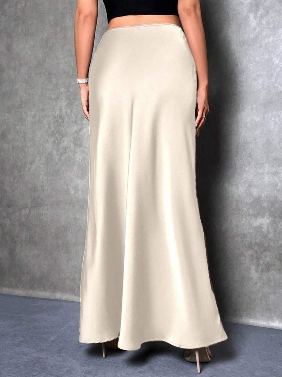 Satin high-waist maxi skirt, light beige, flowing A-line hem