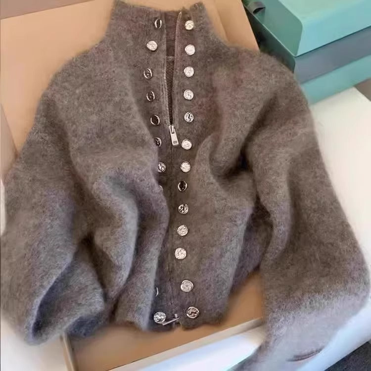 Grey knitted high-neck cardigan with faux front button placket and long sleeves