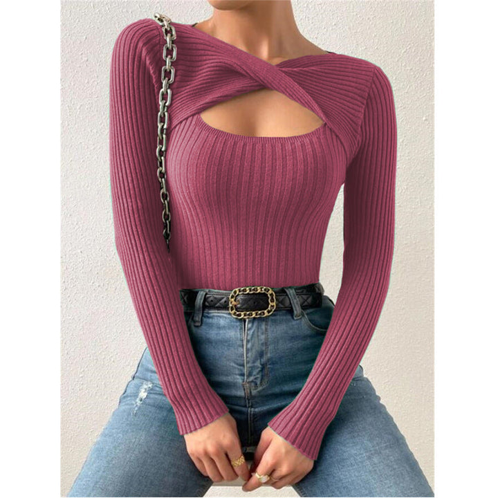 Rose red ribbed knit crewneck long-sleeve pullover sweater with chest cutout