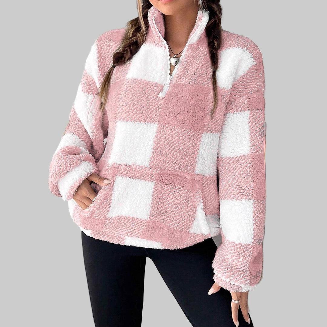 Plaid fleece pullover with half-zip neck, dusty pink and white block pattern