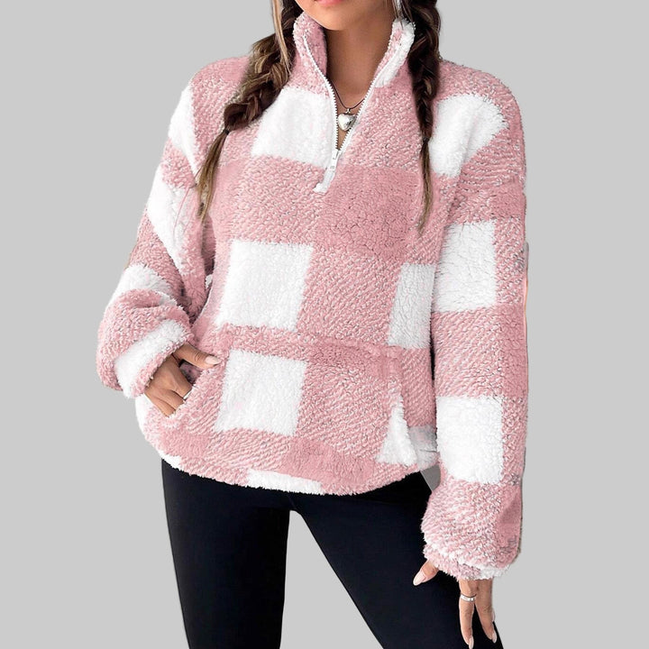 Plaid fleece pullover with half-zip neck, dusty pink and white block pattern