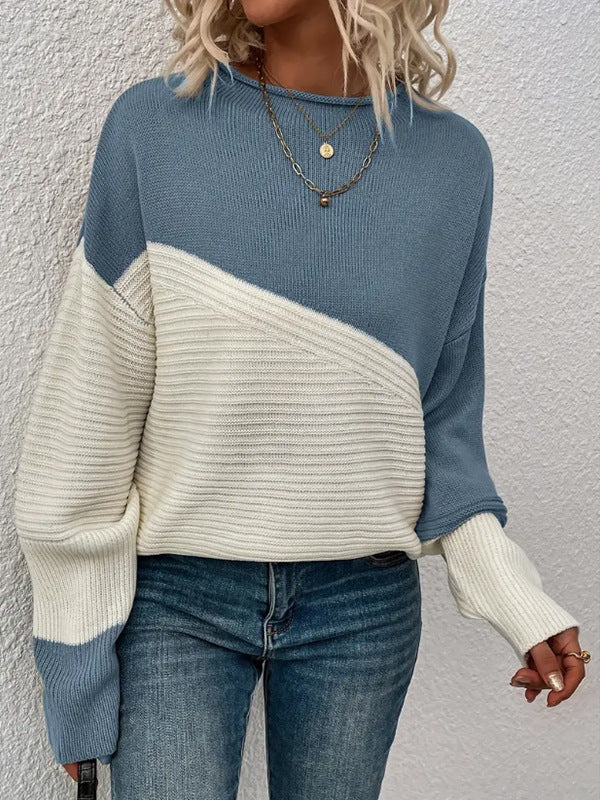 Two-tone knit sweater with round neck, long sleeves, blue and cream color block