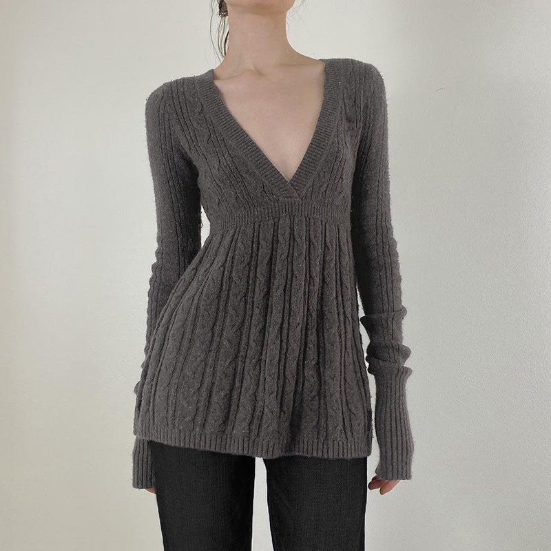 Gray V-neck long-sleeve sweater with ribbed knit and gathered A-line waist