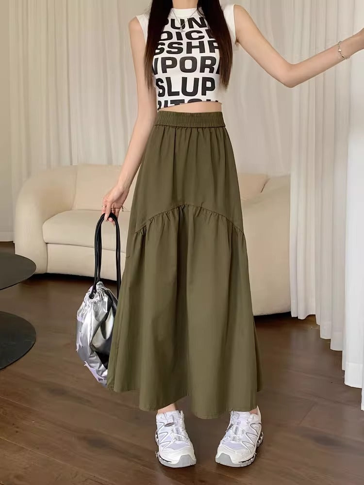 Olive long maxi skirt with elastic waist and tiered panel detailing