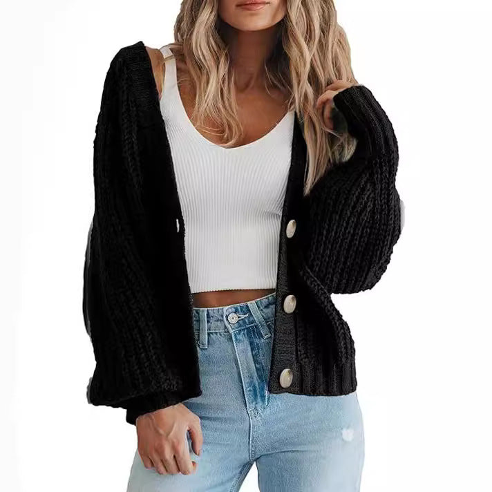 Cozy knit cardigan sweater, black, open front with button placket and ribbed cuffs