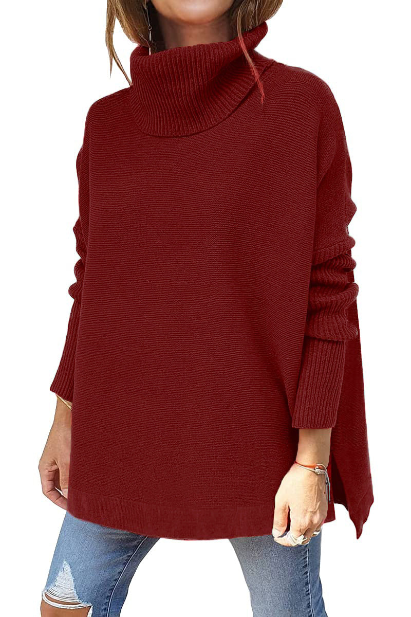Red modern turtleneck jumper with ribbed high neck and long sleeves