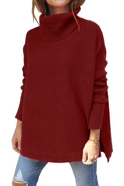 Red modern turtleneck jumper with ribbed high neck and long sleeves