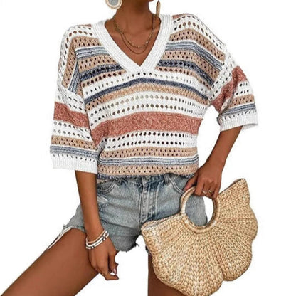 KELISE™ striped crochet V-neck summer top in khaki, blue, and rust tones