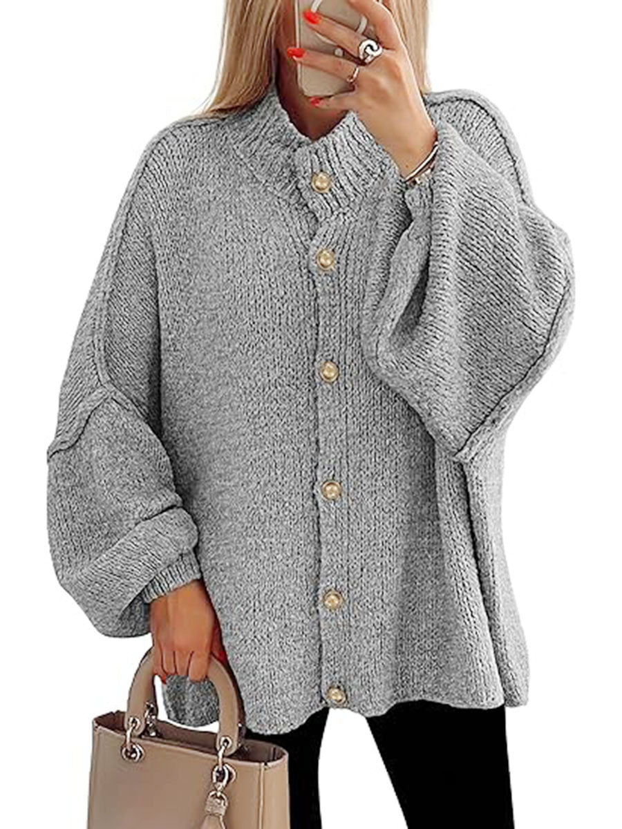 Cozy button-down long sleeve chunky knit jacket in light gray with gold buttons