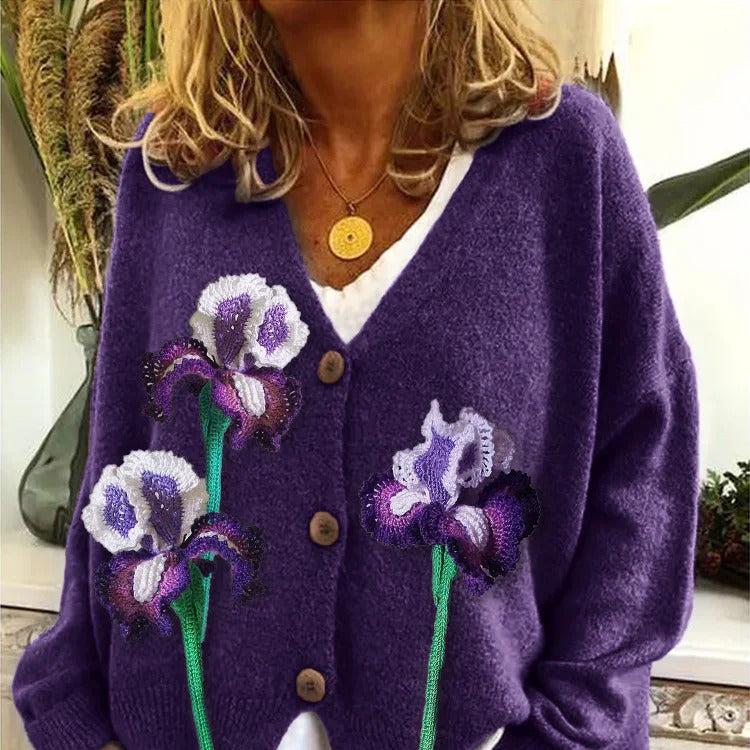 Boho cardigan in purple with appliqued flowers, button front, long sleeves