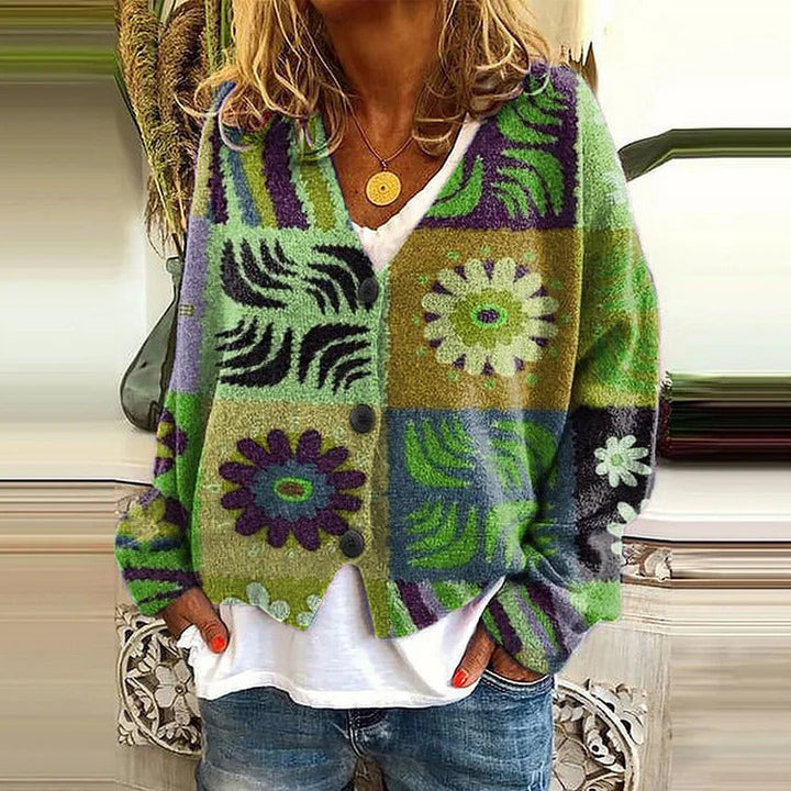 Boho cardigan with green and purple floral patterns, button front, long sleeves