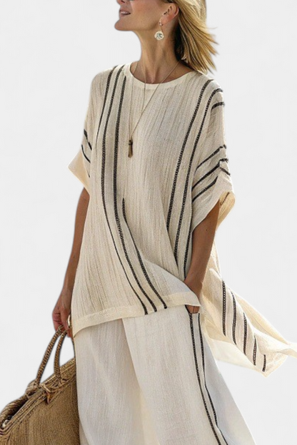 Ivory linen blouse with vertical black stripe panels and short sleeves
