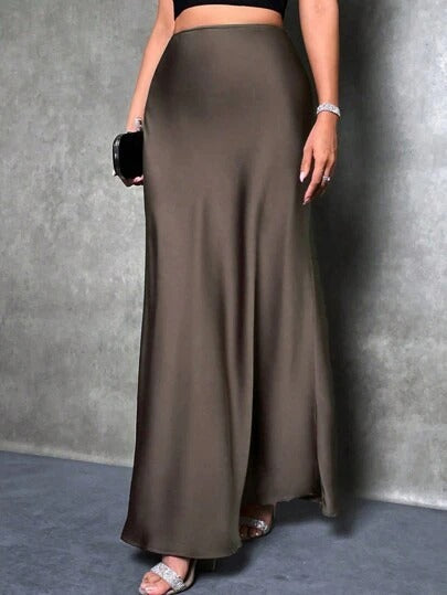 Satin high-waist maxi skirt, dark brown, smooth drape and long length