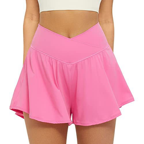 High waist active skort in rose pink, flowy pleated skirt with inner shorts