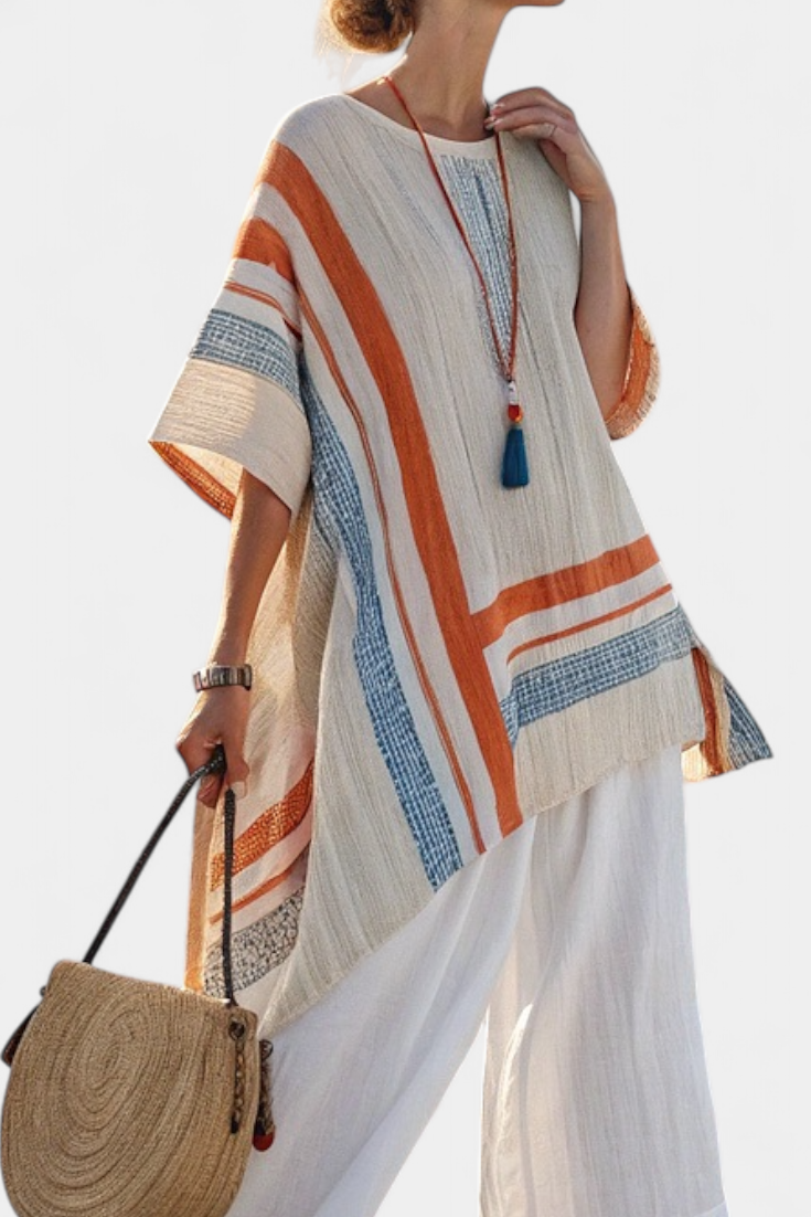 Asymmetric striped linen tunic blouse with crew neckline