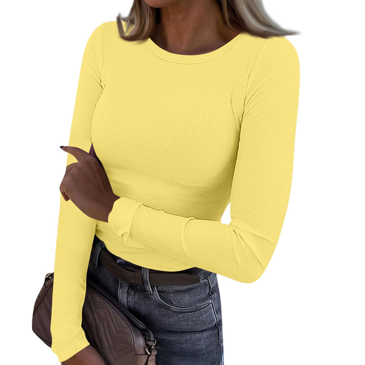 Yellow ribbed crewneck top with long fitted sleeves
