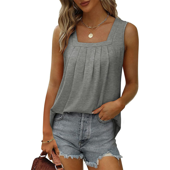 Grey sleeveless tank top with square neckline and pleated front