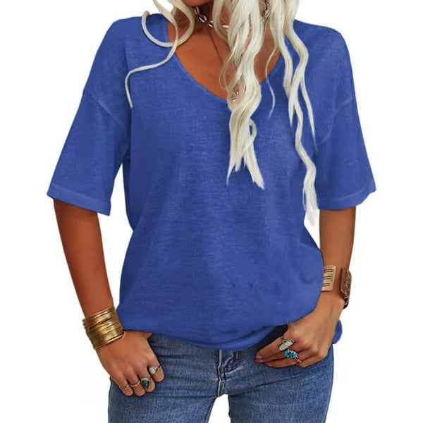 Loose lightweight minimalist T-shirt, dark blue, short sleeves, scoop neck