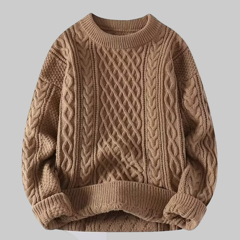 Khaki textured cable-knit sweater with round crew neck, long sleeves, ribbed cuffs and hem