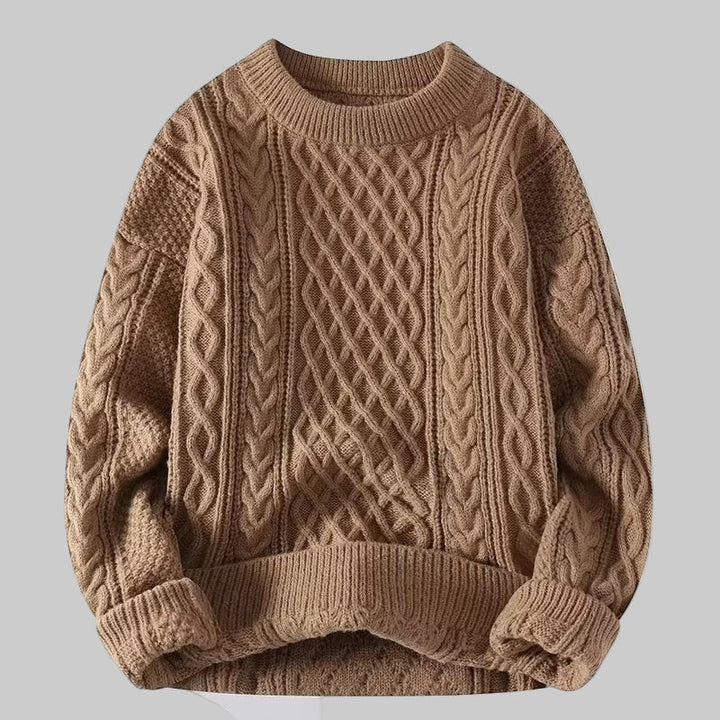 Khaki textured cable-knit sweater with round crew neck, long sleeves, ribbed cuffs and hem