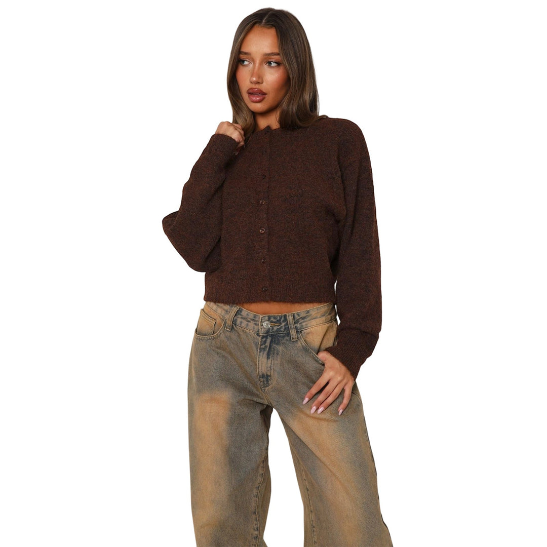 Dark brown cropped cardigan with long sleeves and front button placket