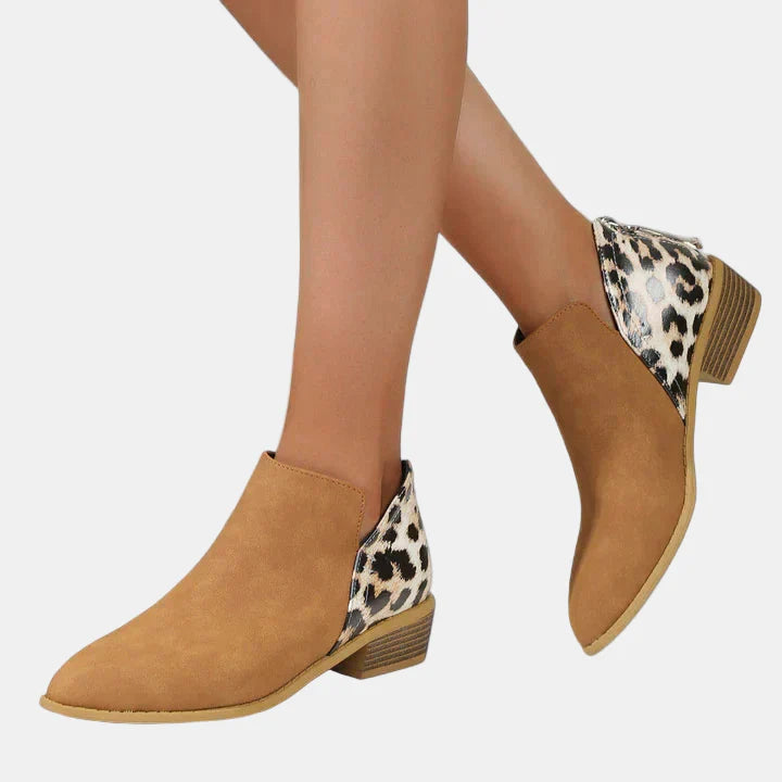 Tan ankle boots with leopard-print side panels and block heel
