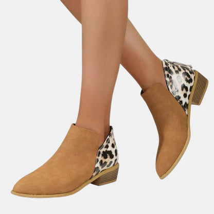 Tan ankle boots with leopard-print side panels and block heel