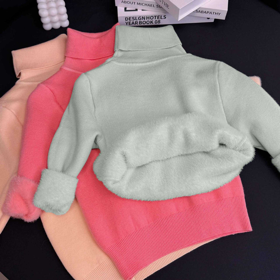 Fleece-lined knit sweater in mint and pink, ribbed turtleneck with plush interior